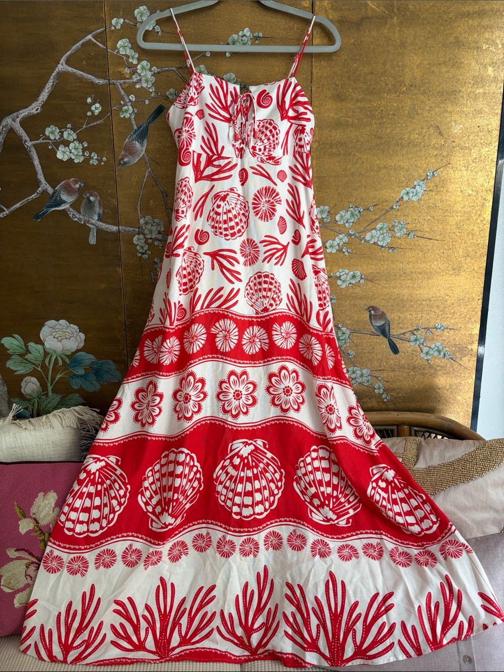 Calypso St. Barth Red, Seashell Print Linen Blend Maxi Dress, resort, vacation